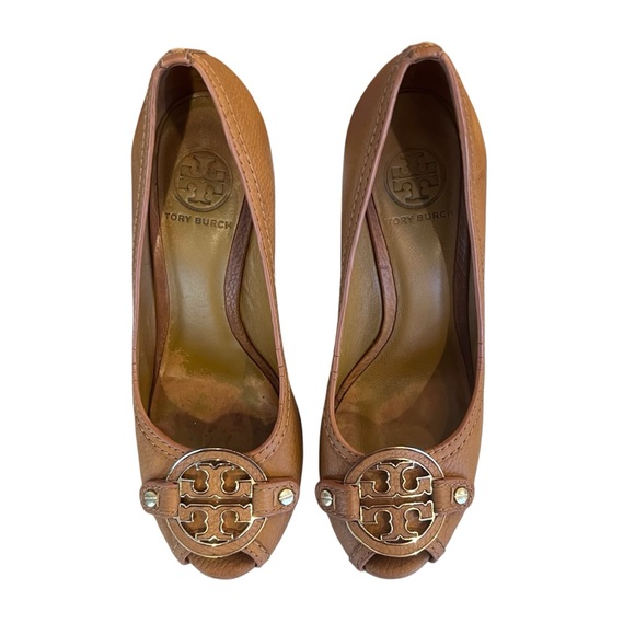 Tory Burch Selma Peep Toe Wedge in Brown Tan Tumbled Leather Women's Size 7.5 - Picture 6 of 14